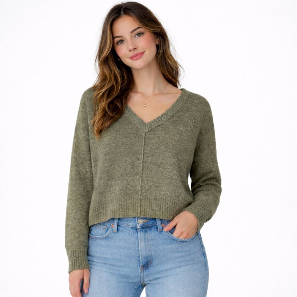 Eileen Fisher Petite Olive V-Neck Sweater Wool Linen Silk Relaxed Fit PL